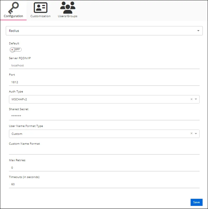 Configuration tab for a RADIUS authneication provider