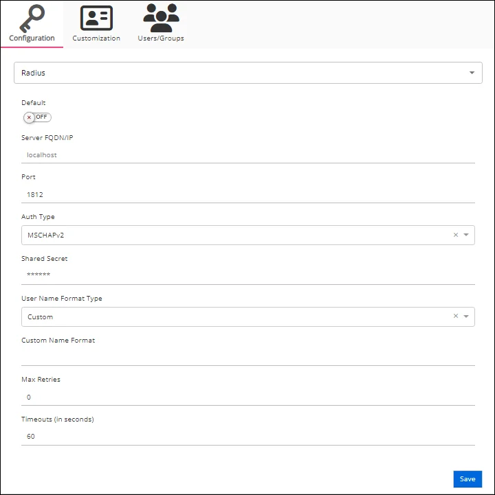 Configuration tab for a RADIUS authneication provider