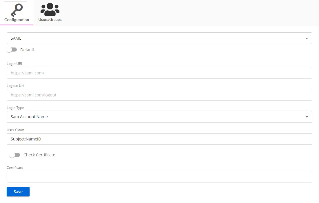 Configuration tab for a SAML authneication provider
