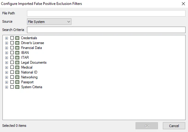 Configure Imported False Positive Exclusion Filters window