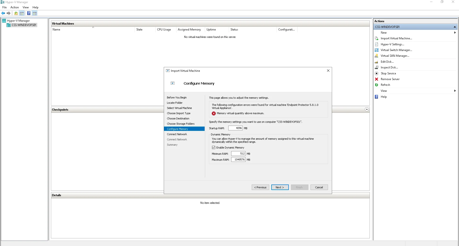 Insuﬃcient memory on the Hyper-V Host