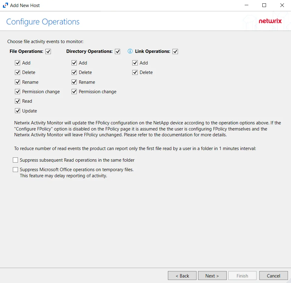 Configure Operations window for NetApp