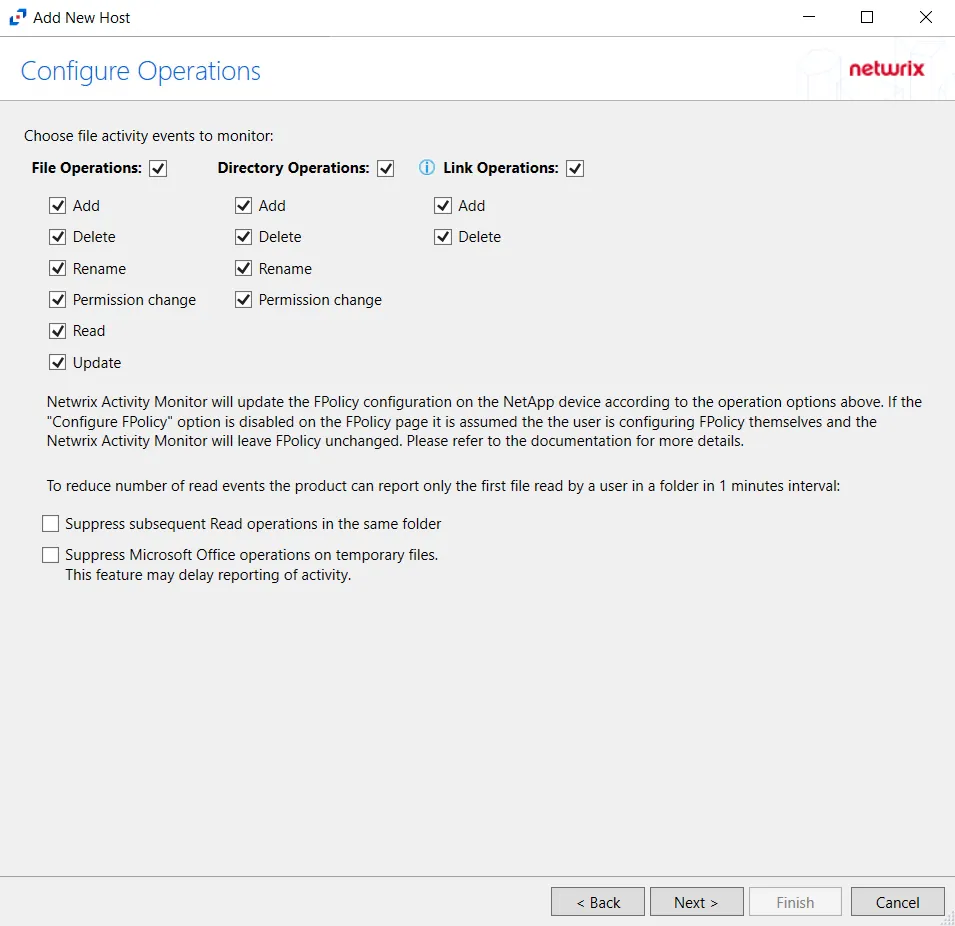 Configure Operations window for NetApp