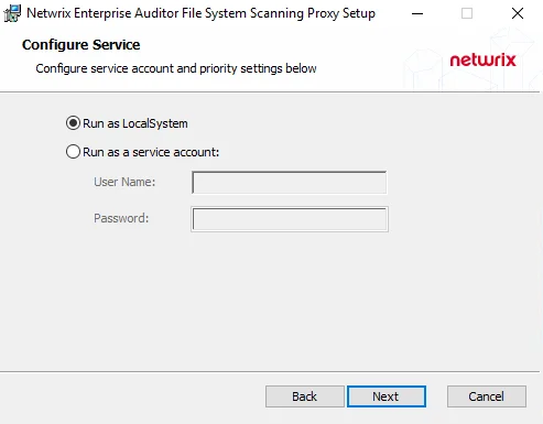 SharePoint Agent Setup Wizard Configure Service Security page