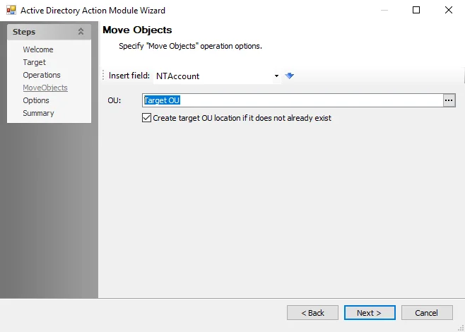 Move Objects page of the Active Directory Action Module Wizard