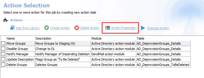 Action Properties button on Action Selection page