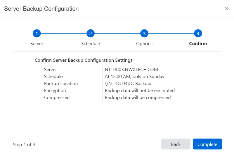 Server Backup Configuration wizard - Confirm page