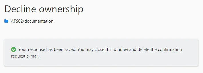 Ownership declined browser message after an alternative owner is submitted