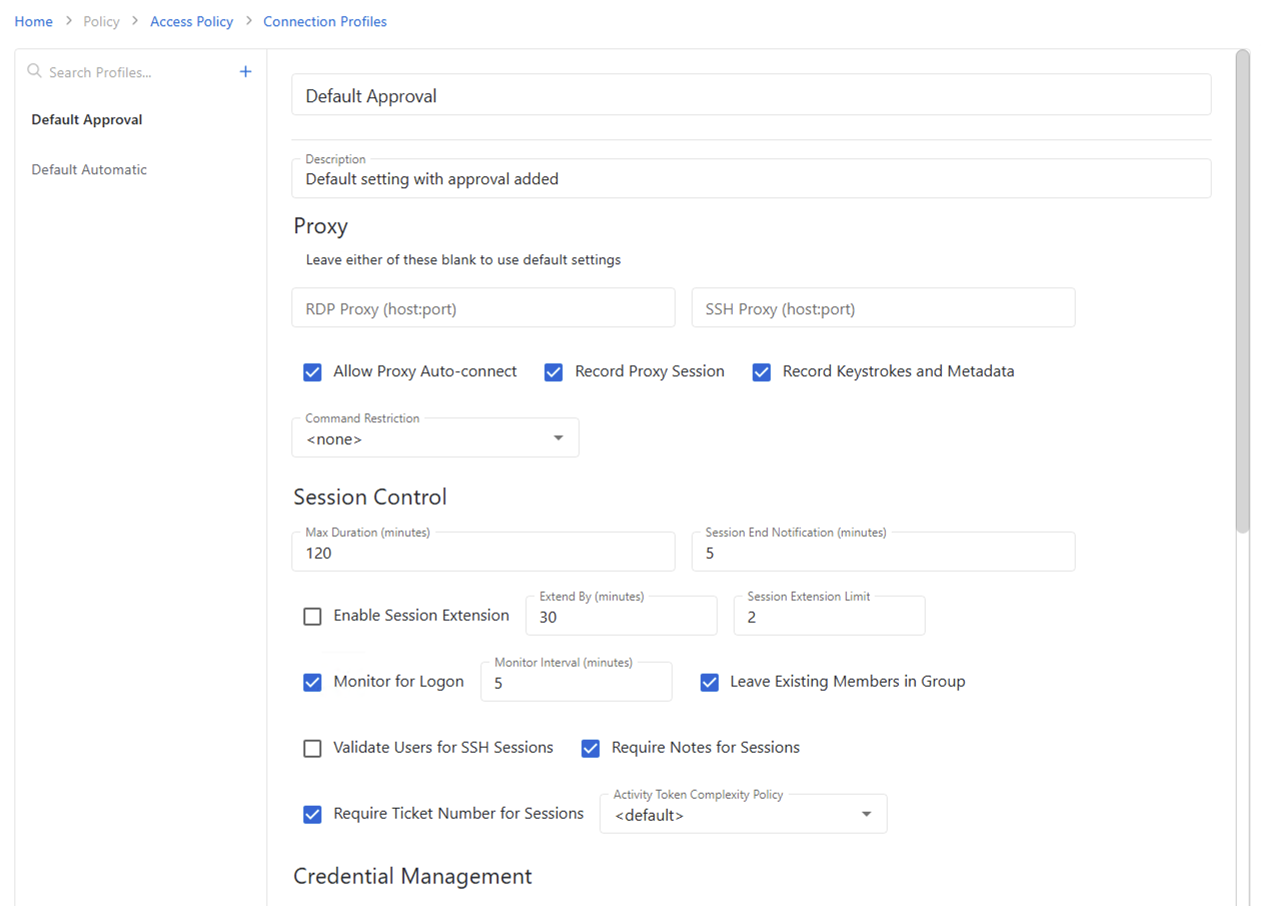 Connection Profiles Page