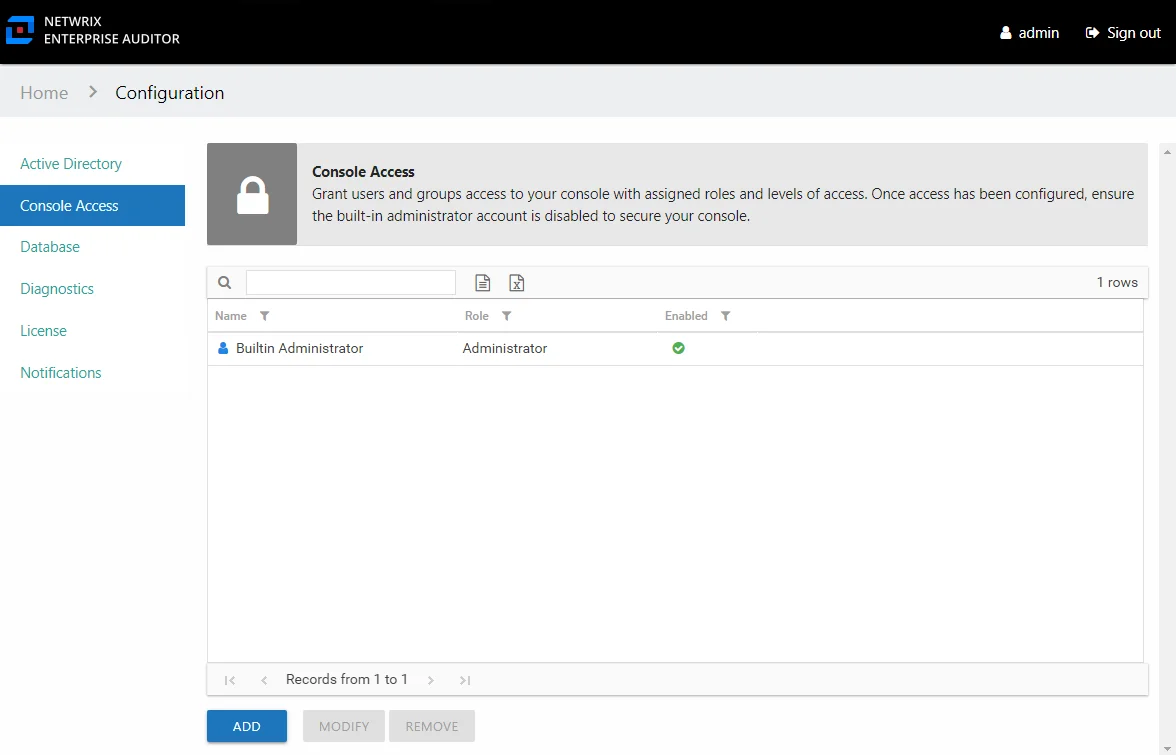 Configuration interface showing the Console Access page