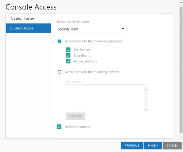 Console Access wizard showing the Select Access page
