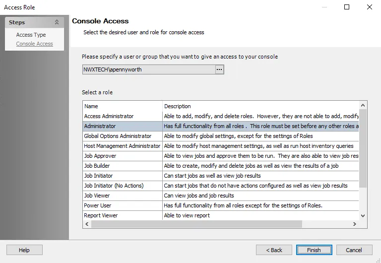 Console Access page with user added