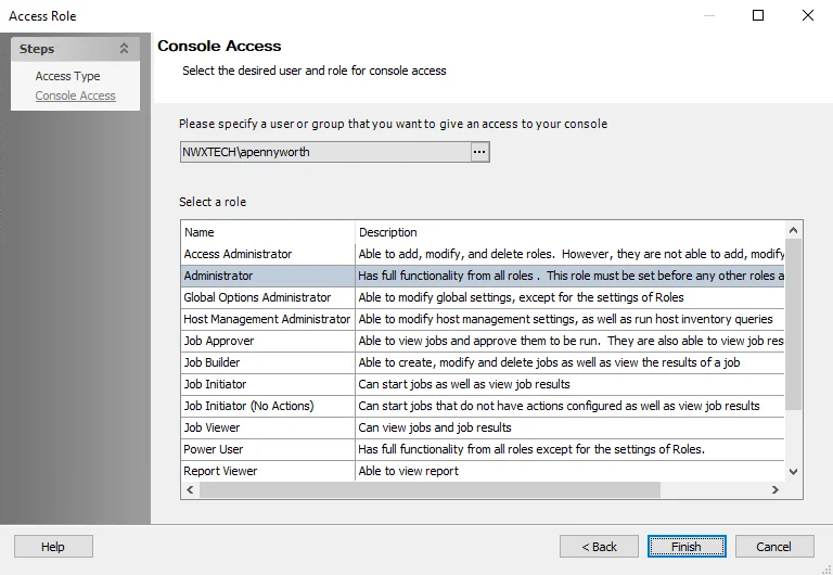 Console Access page with user added