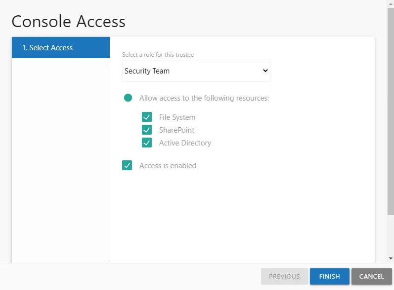 Console Access wizard showing the Select Access page when modifying