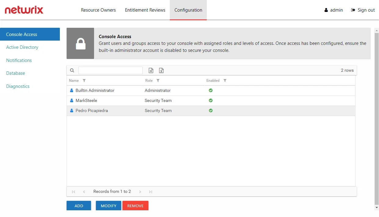Console Access Page showing various user accounts, with one selected enabling the Modify and Remove buttons