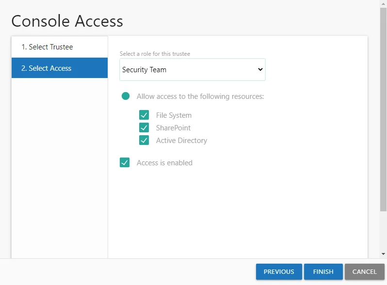 Console Access wizard showing the Select Access page