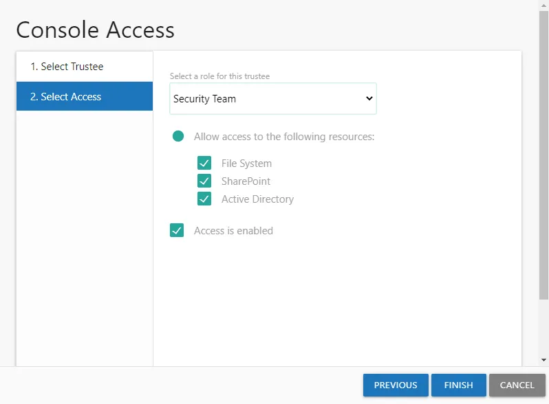 Console Access wizard showing the Select Access page