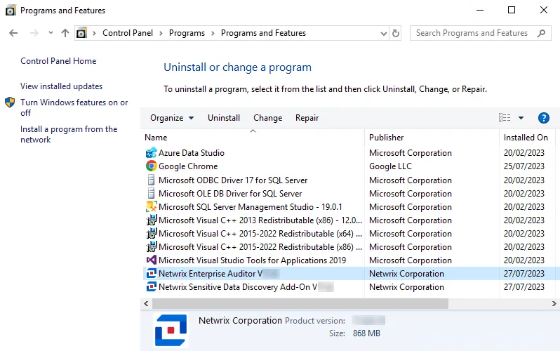 Windows Control Panel Uninstall or change a program window