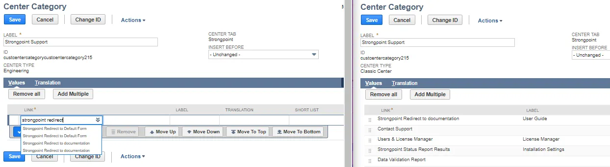 Two category windows open to copy links to your new Center.
