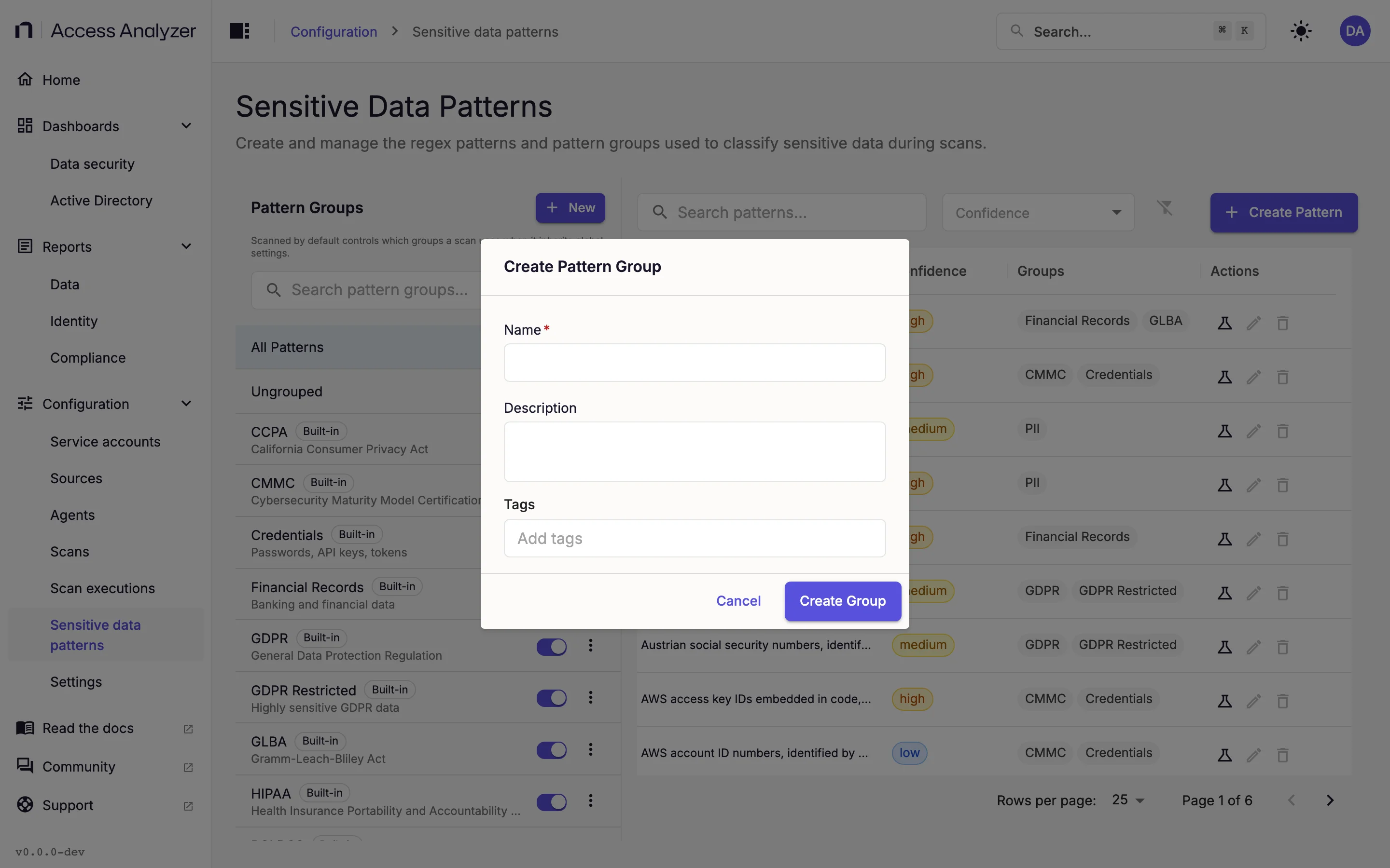 Create Pattern Group dialog with Name, Description, and Tags