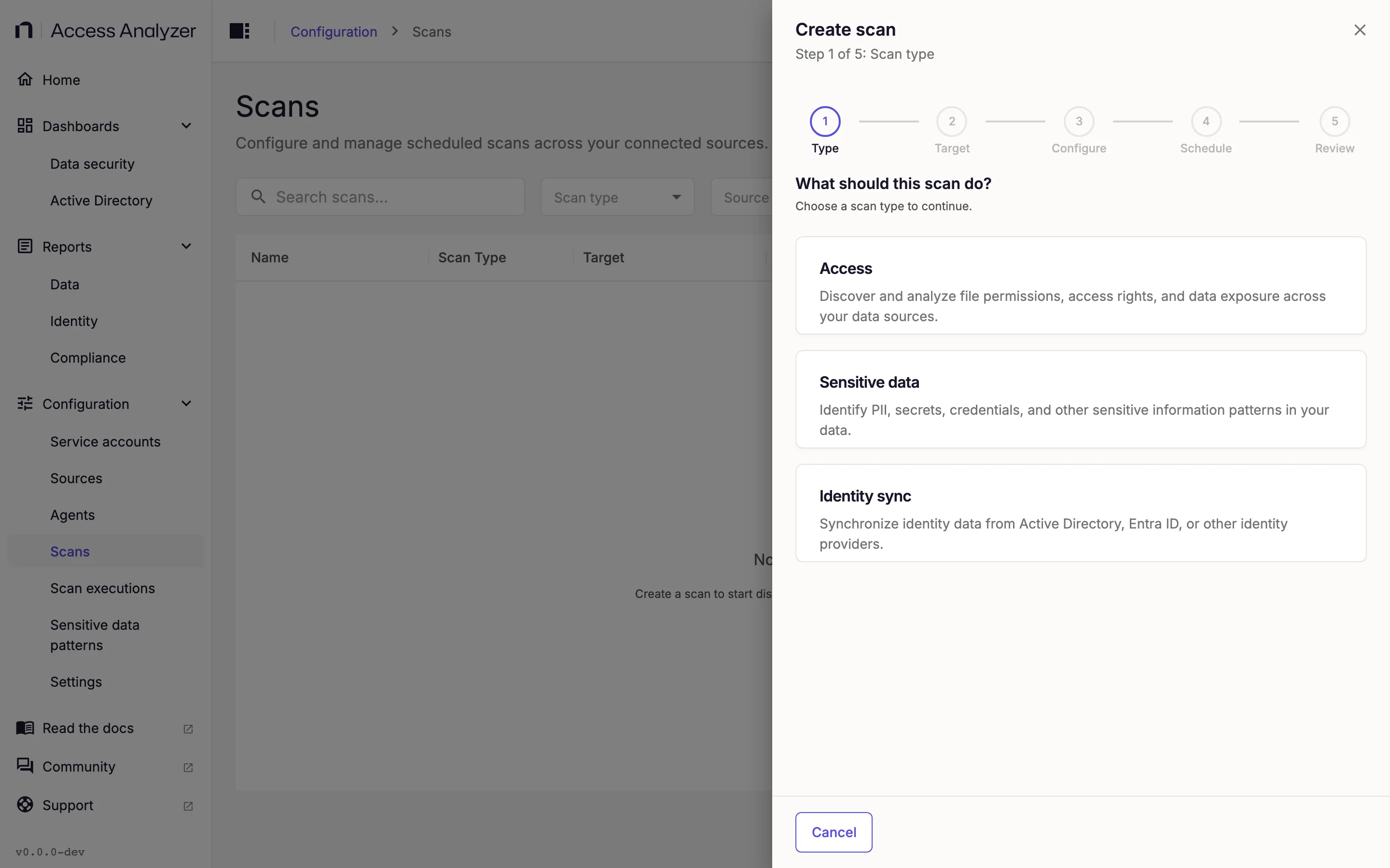 Create scan step 1 with Access, Sensitive data, and Identity sync cards
