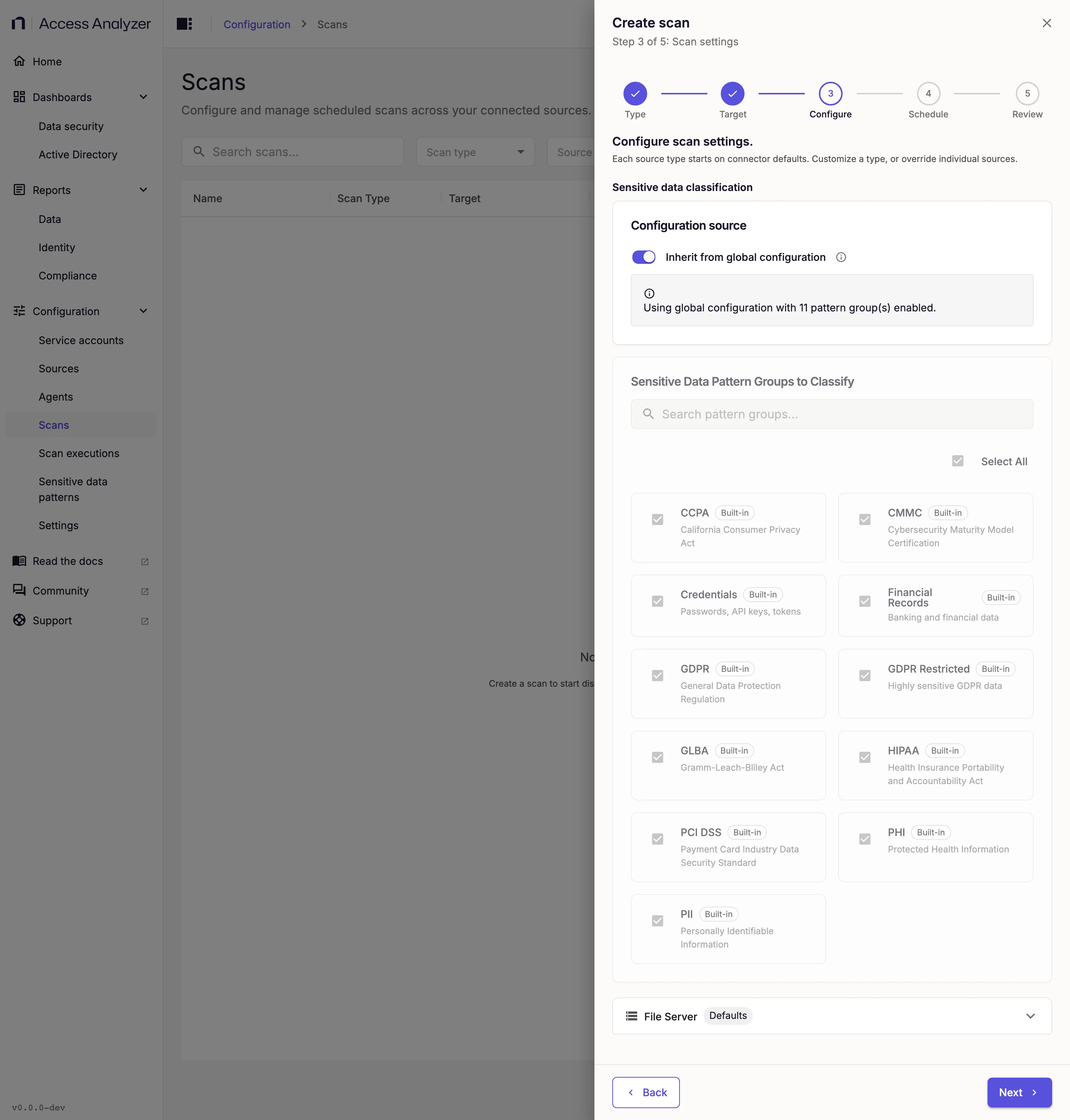 Sensitive data scan settings with pattern groups to classify
