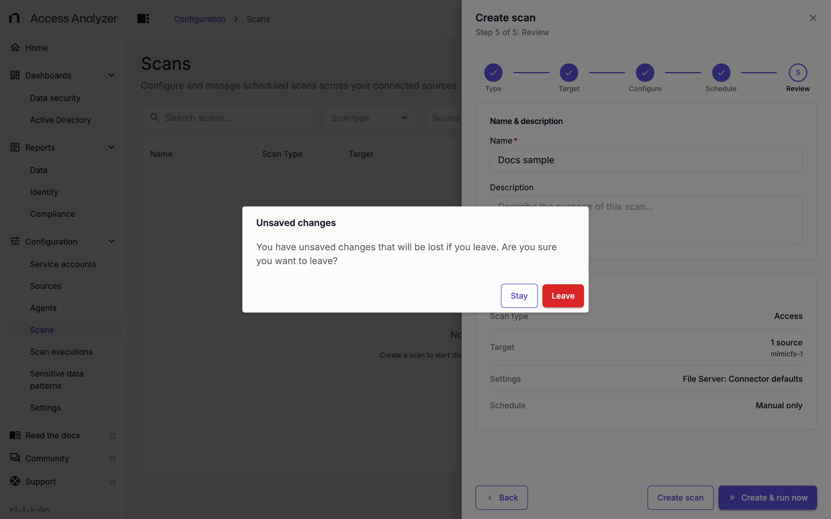 Unsaved changes dialog with Stay and Leave