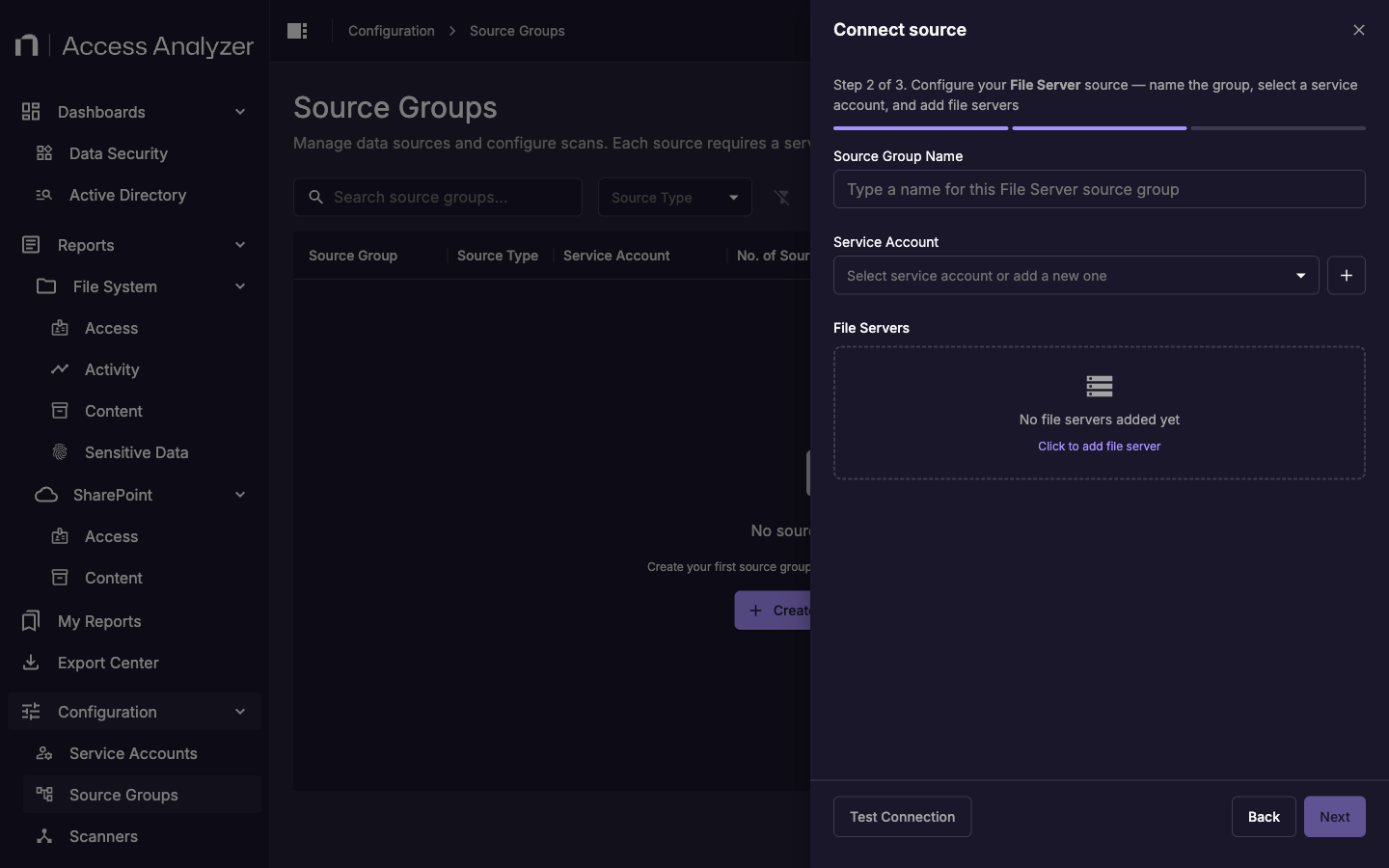 Source group creation wizard step 3 showing scan type selection and cron schedule configuration fields