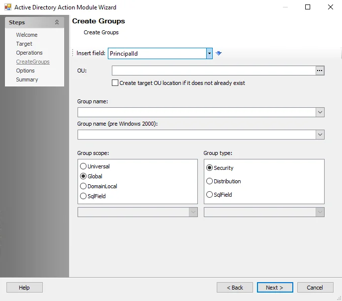 Active Directory Action Module Wizard Create Groups page