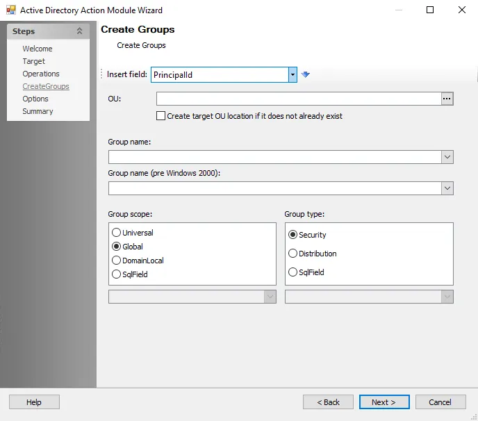 Active Directory Action Module Wizard Create Groups page