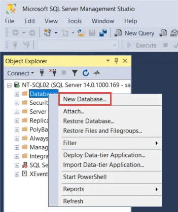 SQL Server Management Studio create New Database