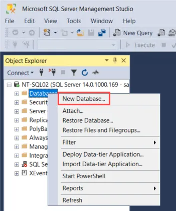 SQL Server Management Studio create New Database