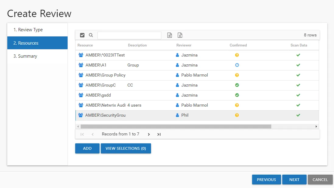 Create Review wizrd showing the Resources page