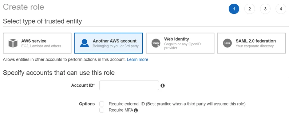 Create role page Another AWS account option