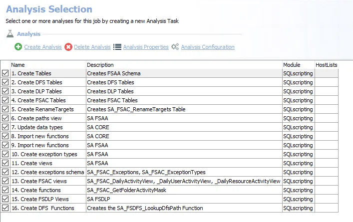 Analysis Selection for the 0-Create Schema Job