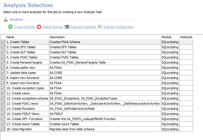 Analysis Selection for the 0-Create Schema Job