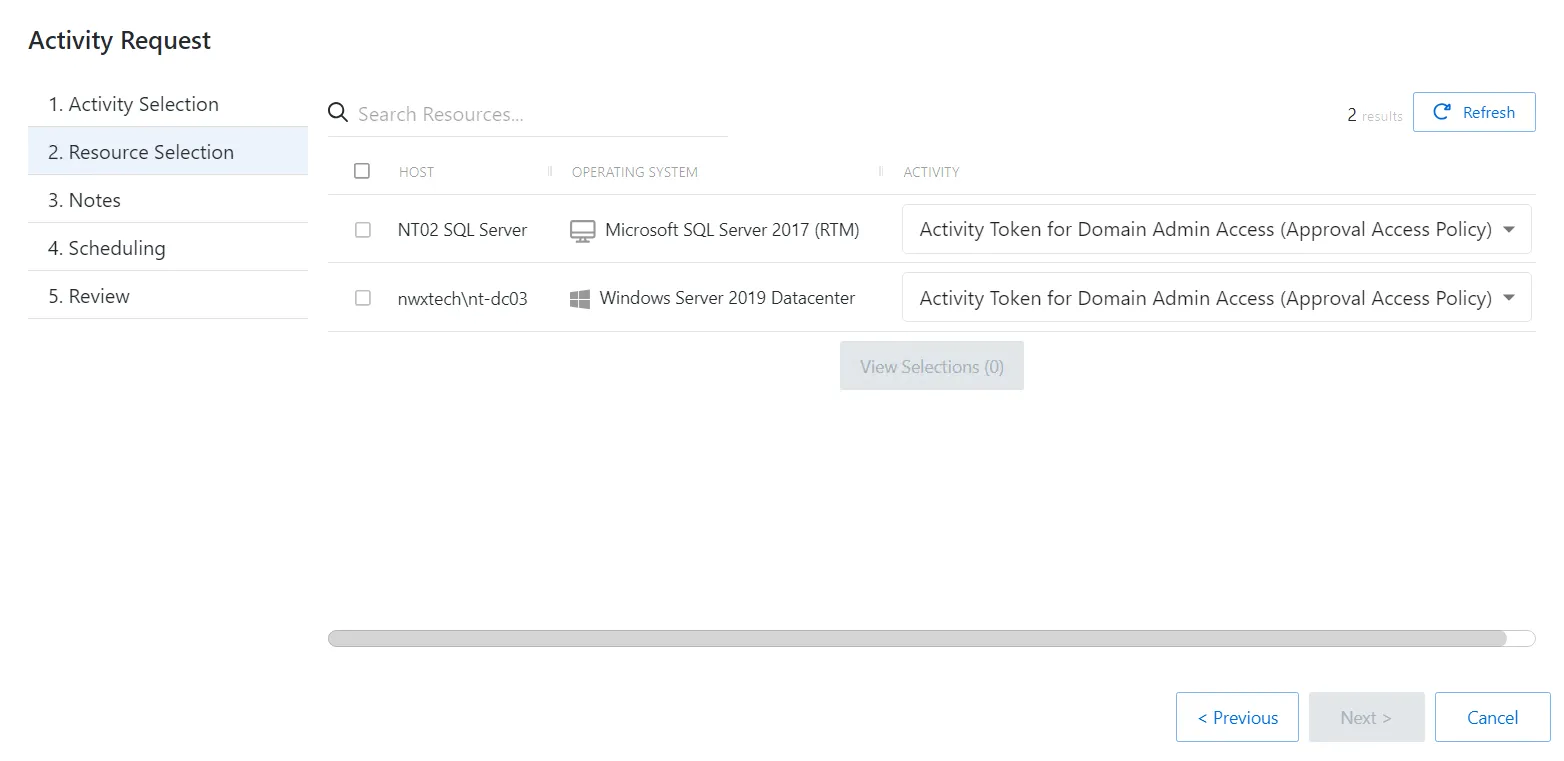 Create Session window Resource Selection