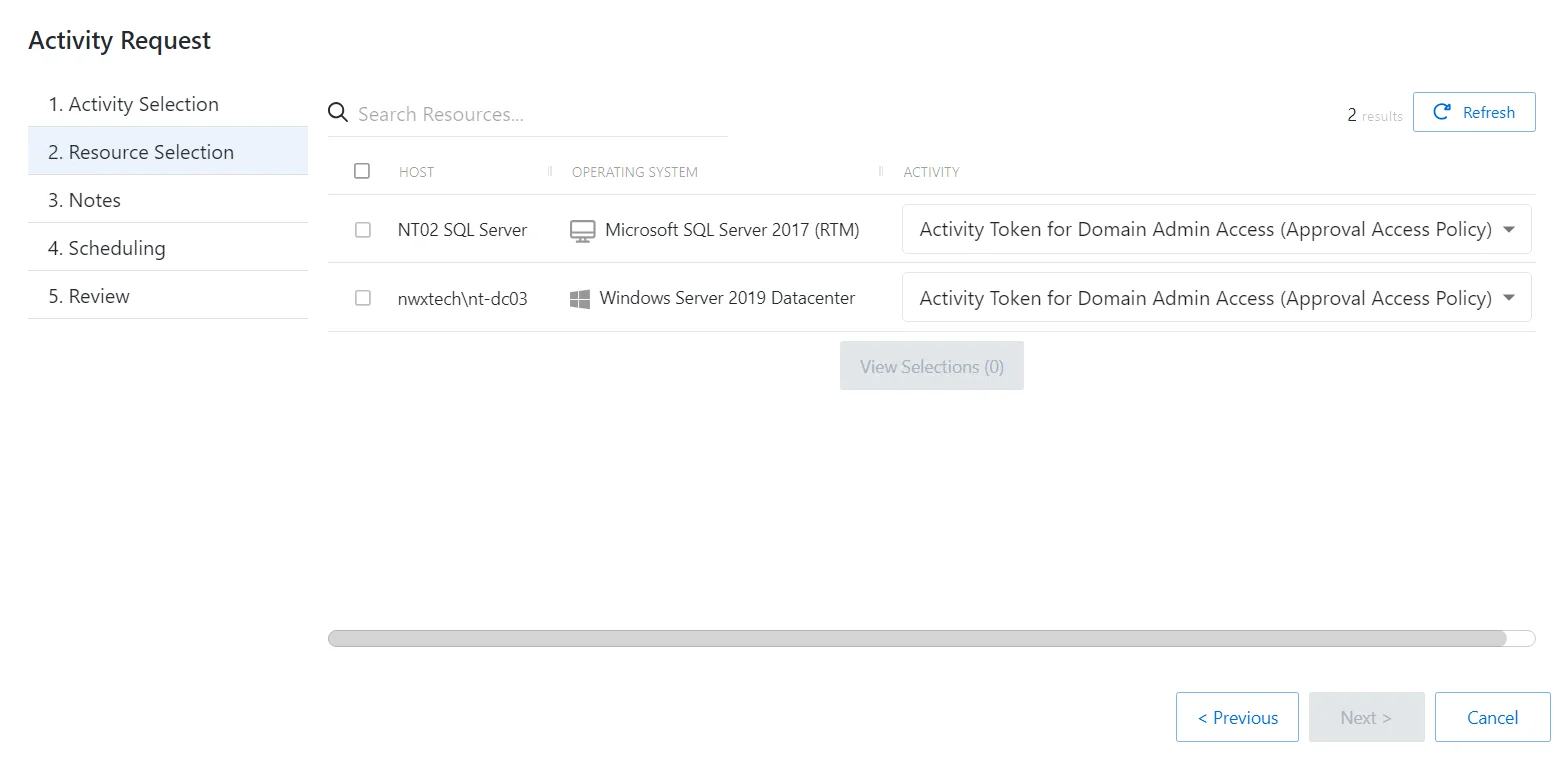 Create Session window Resource Selection