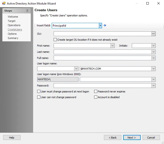 Active Directory Action Module Wizard Create Users page