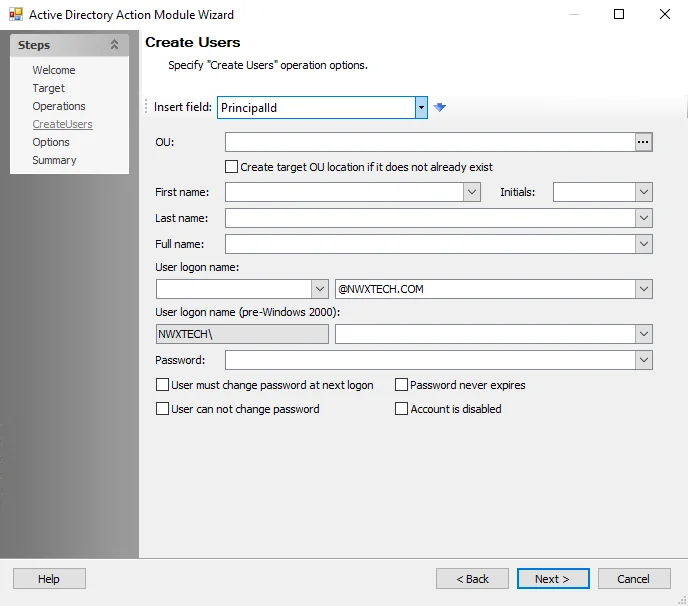 Active Directory Action Module Wizard Create Users page