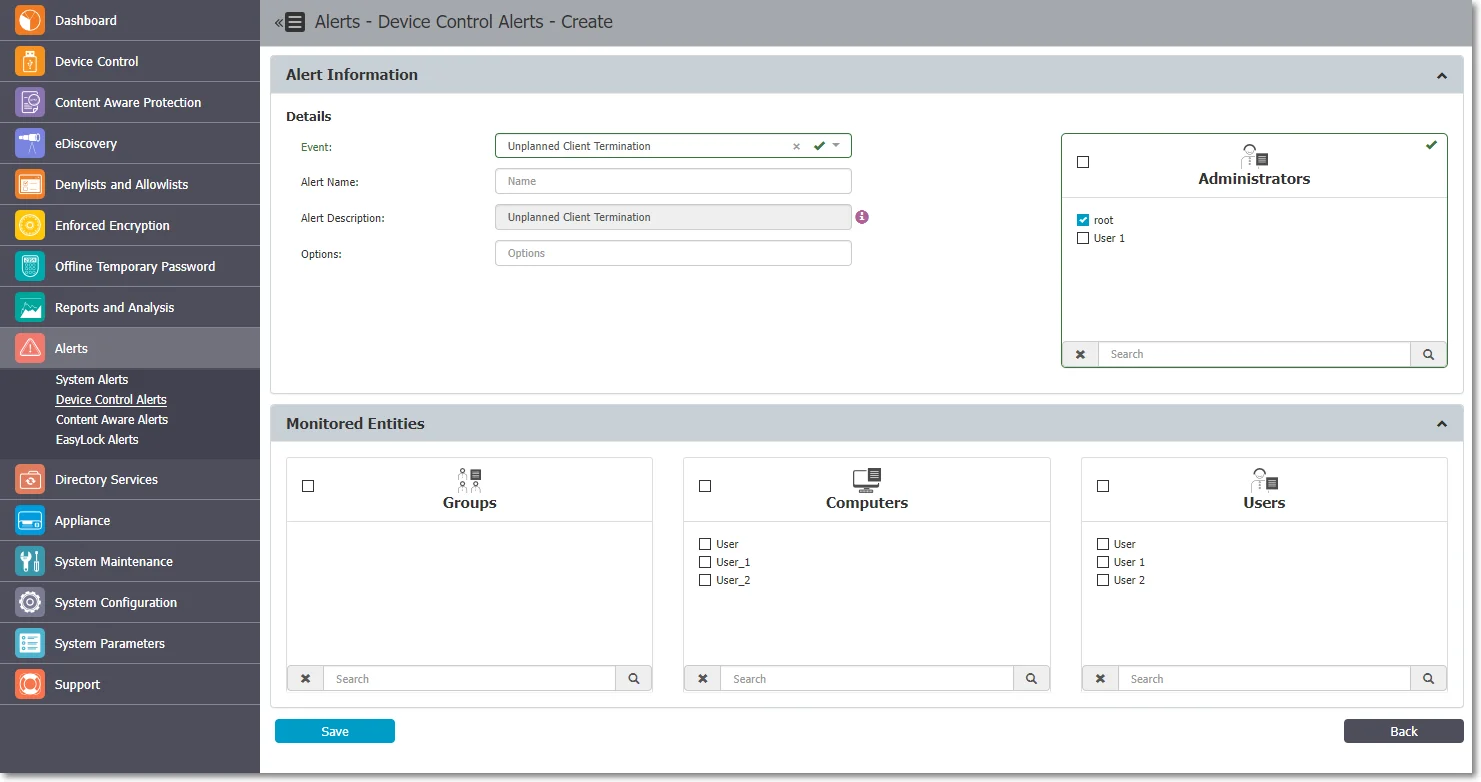 Creating a Device Control Alert