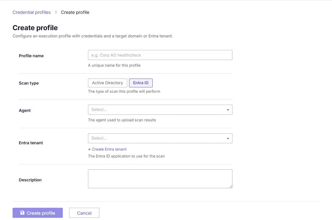 A screenshot of the credential profile creation screen with the Entra ID scan type selected, showing the Agent selection field.