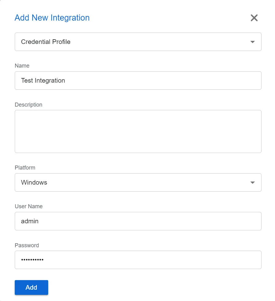 Add New Integration window with Credential Profile type selected