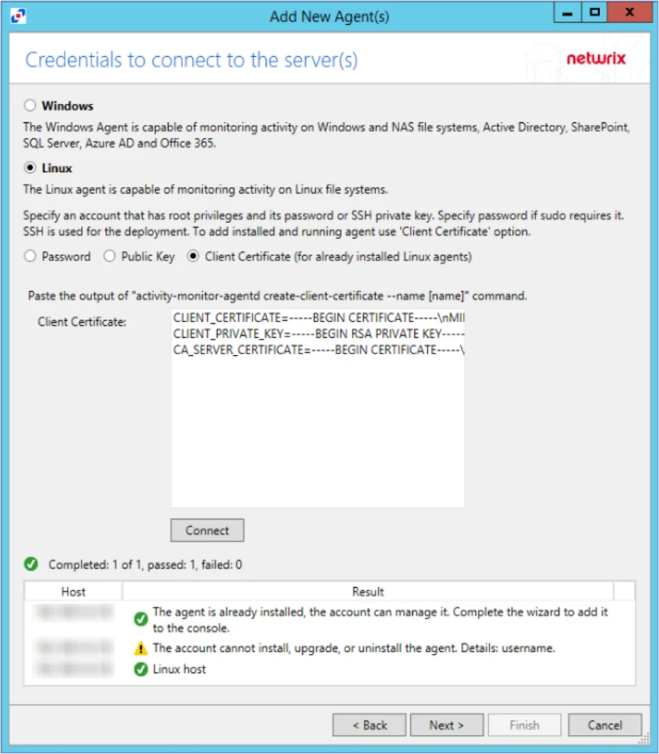 Credentials to Connect to the Server(s) page