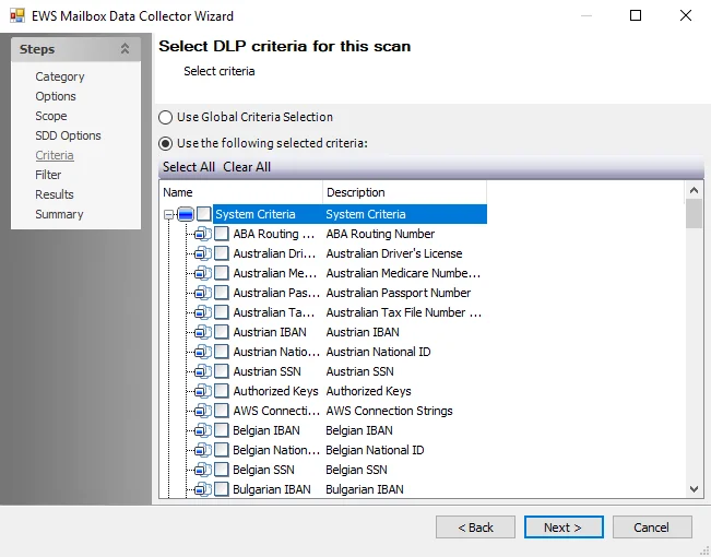 SQL Data Collector Wizard Criteria page