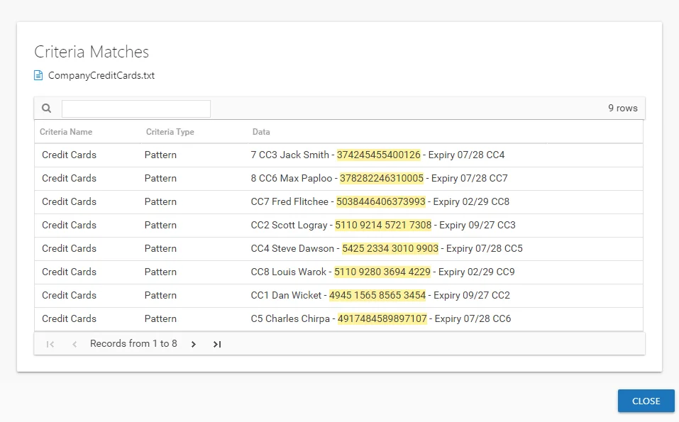 Criteria Matches window