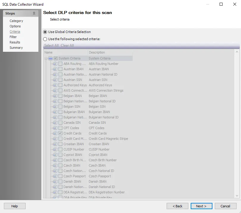 Criteria Page of the SQL Data Collector Wizard