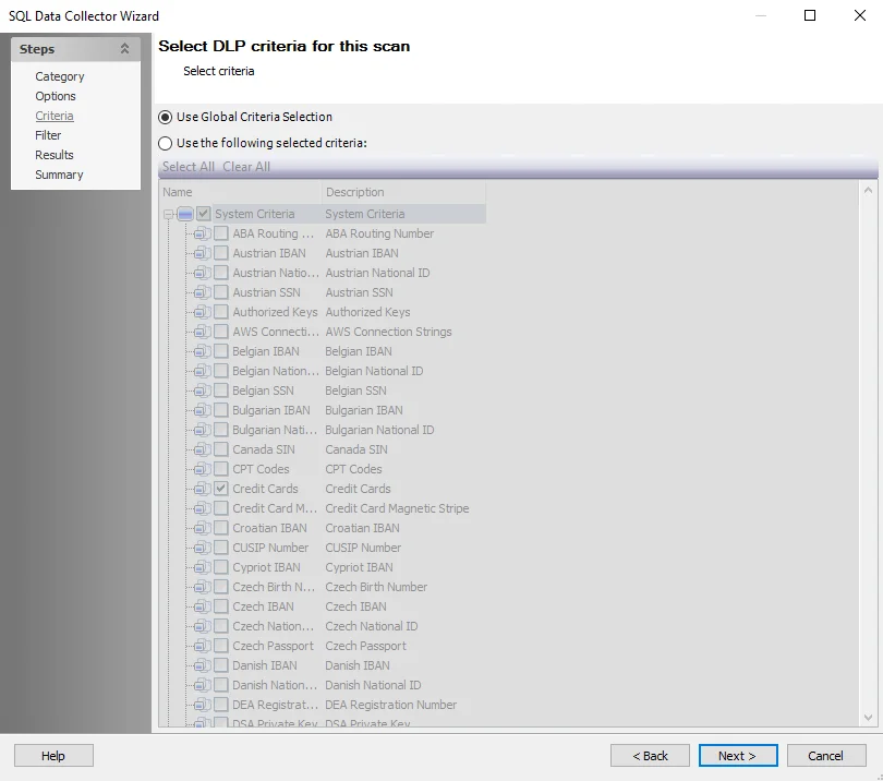 Criteria Page of the SQL Data Collector Wizard