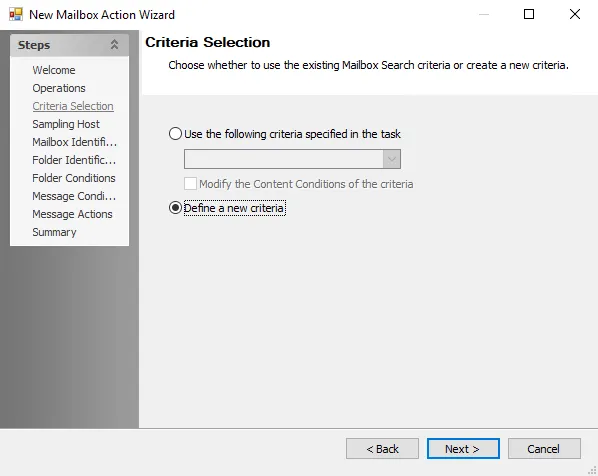 New Mailbox Action Wizard Criteria Selection page
