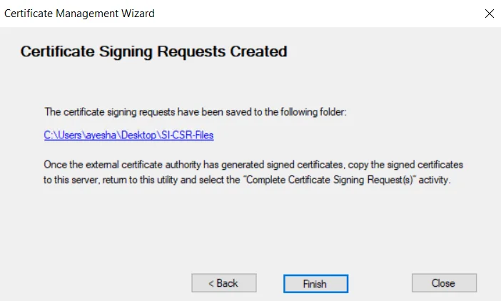 Certificate Management Wizard on the Certificate Signing Requests Created page